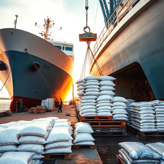 cargo vessel berthed; crane loading white sugar bags on pallets into ship hold; stacks of sugar bags on quay